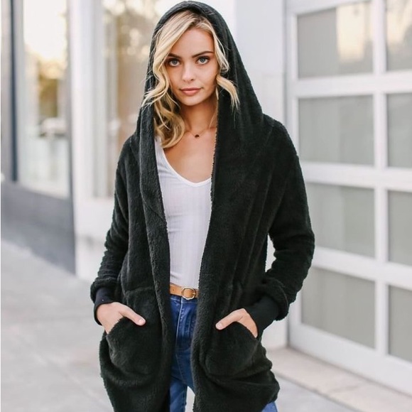 plush women jacket hooded warm black faux fur coat teddy